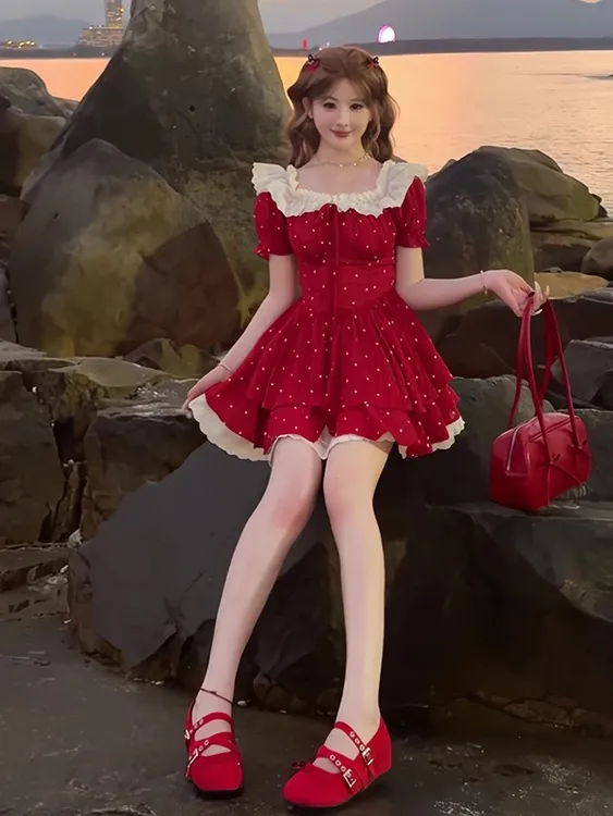 12307大码女装夏季法式甜美蓝色方领泡泡袖碎花连衣裙