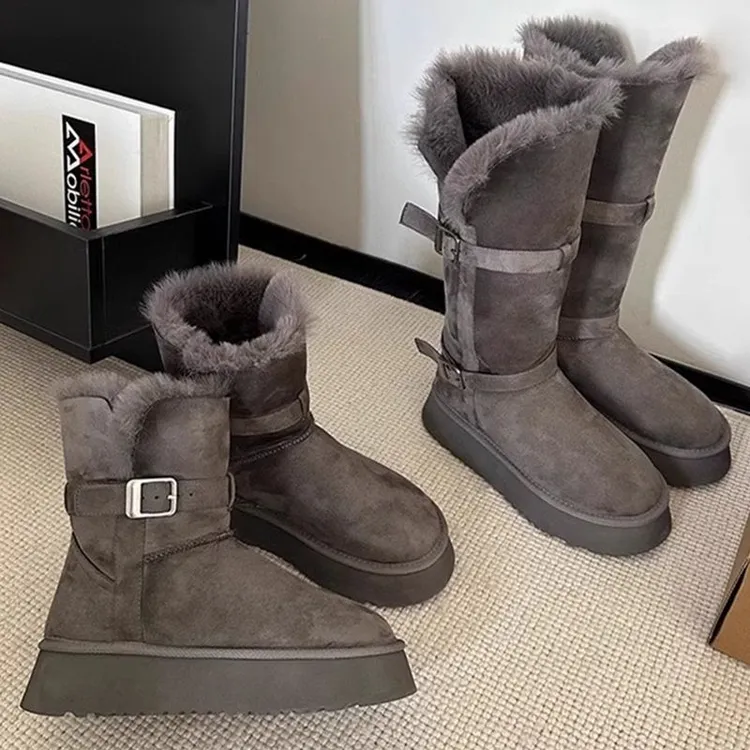 灰色百搭雪地靴女2025冬季新款厚底增高防滑加绒加厚长筒雪地棉鞋