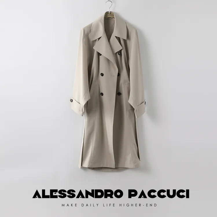 AP洛哥21673X 【晴风】羊毛翻领极简双排扣沙色经典休闲风衣