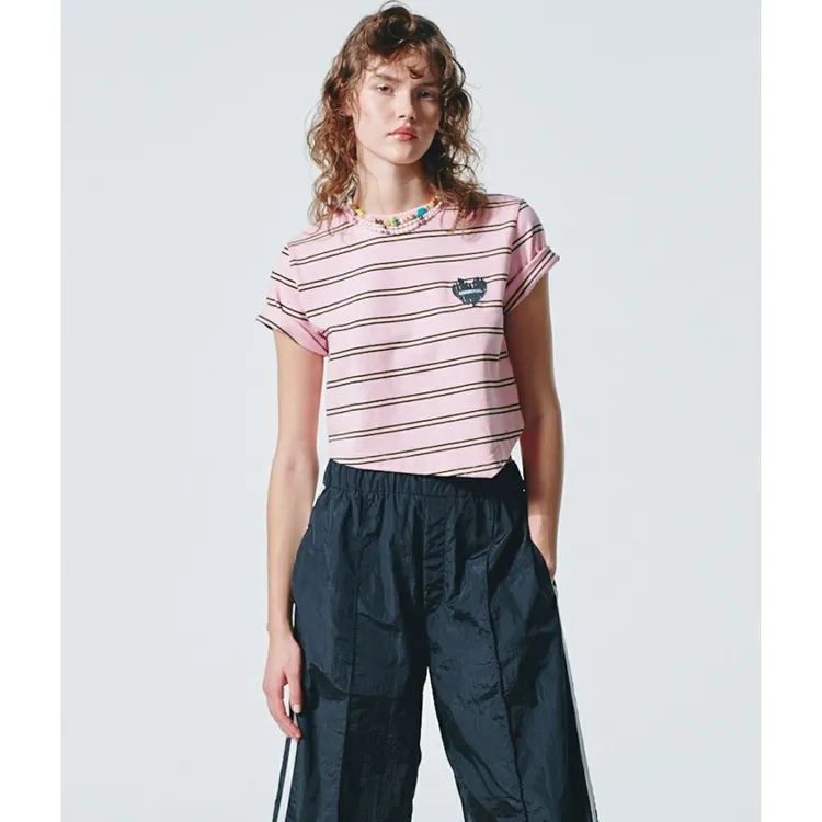 【MonTendre】 春季新款 D 时尚洋气纯棉条纹不对称设计T恤短袖衬衫