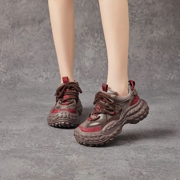 秋季新款真皮榴莲底老爹鞋女增高厚底显脚小紫色牛皮运动休闲女鞋