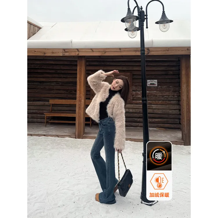 小王家/MeiLi秋冬新款保暖加绒加厚高腰显瘦复古女款牛仔裤气质