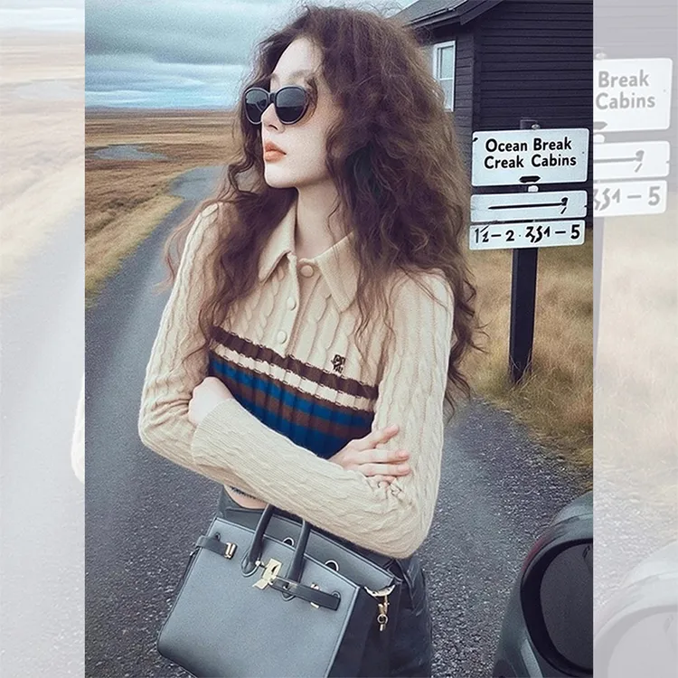 独特漂亮内搭麻花小衫杏色毛衣女秋冬洋气高贵针织衫打底翻领上衣