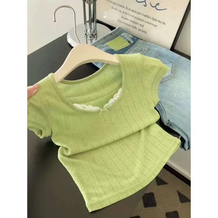 绿色假两件大领口短袖t恤女修身小个子方领气质短款正肩显瘦上衣