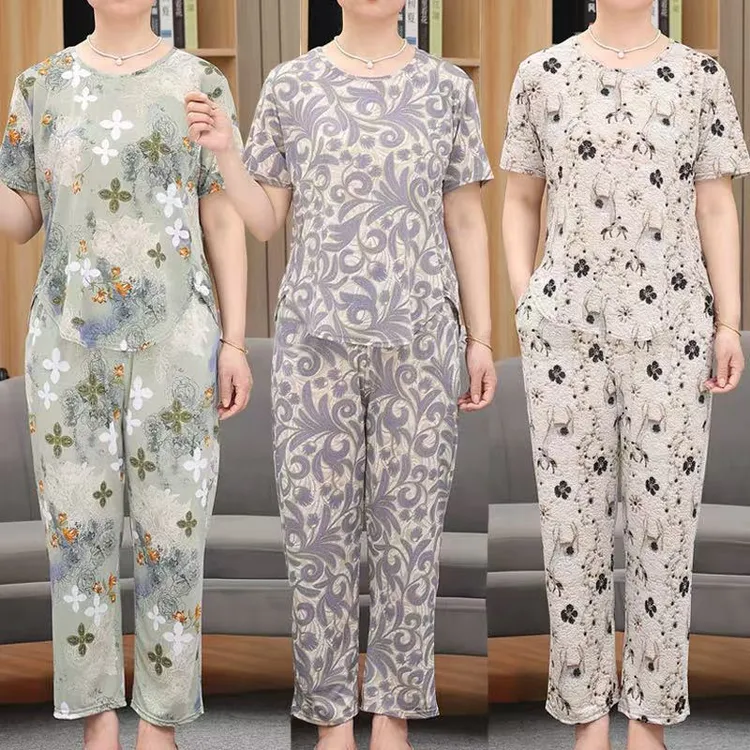 中老年夏季女家居服复古洋气夏套装妈妈装宽松遮肉上衣裤子两件套