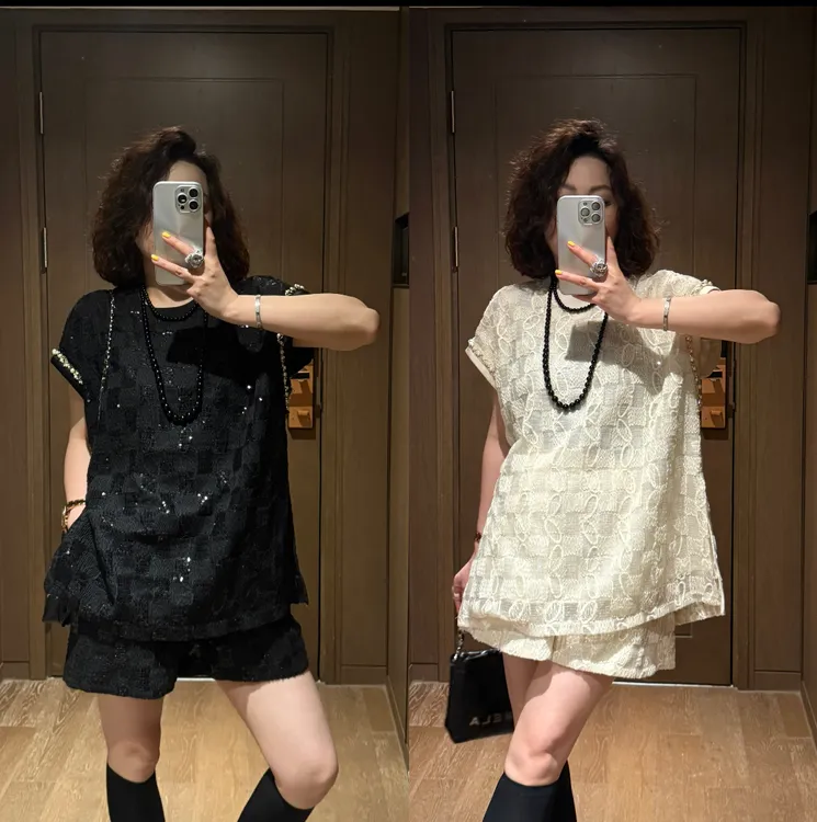 YDFSTUDIO小众【慕夏几何】欧货高品设计感亮片拼接上衣+短裤套装