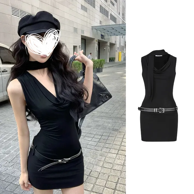 【发财童童专属】魔西女王法式赫本黑色挂脖连衣裙辣妹性感包臀裙子