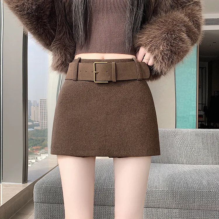 韩版气质时尚百搭毛呢半身裙女冬季新款短裙修身显瘦高腰灰色裙裤