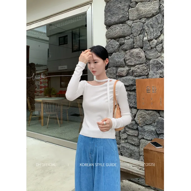 DH OFFICIAL 大花【秋日女友 tops】优雅时髦一字斜肩显瘦针织衫 