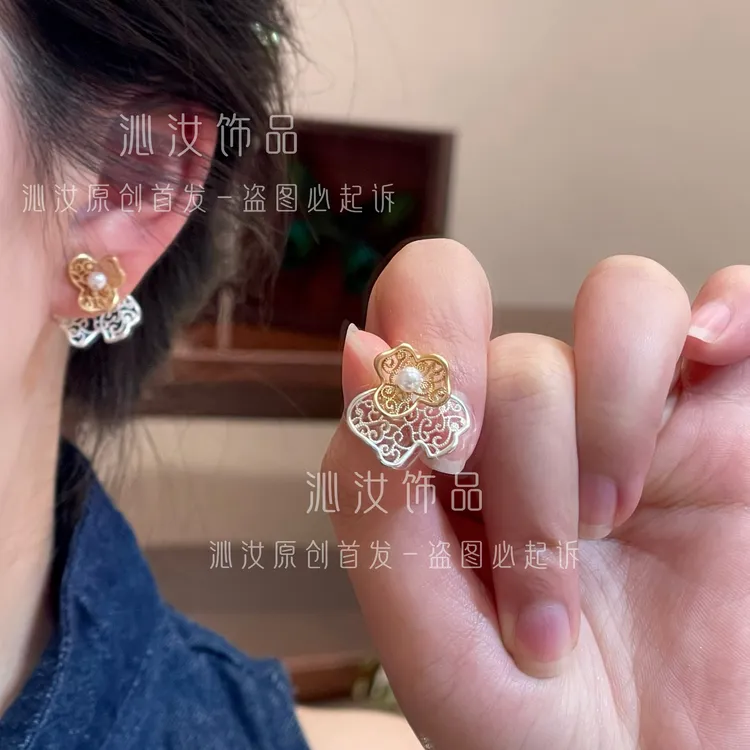 【沁汝饰品】QR569拼色花朵前后戴耳环简约精致法式商品图
