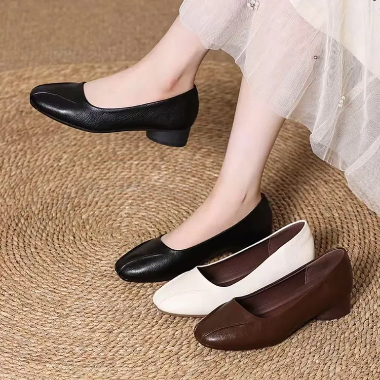 【朵苮品牌】法式粗跟平底鞋单鞋女鞋春秋新款妈妈气质软底鞋8980