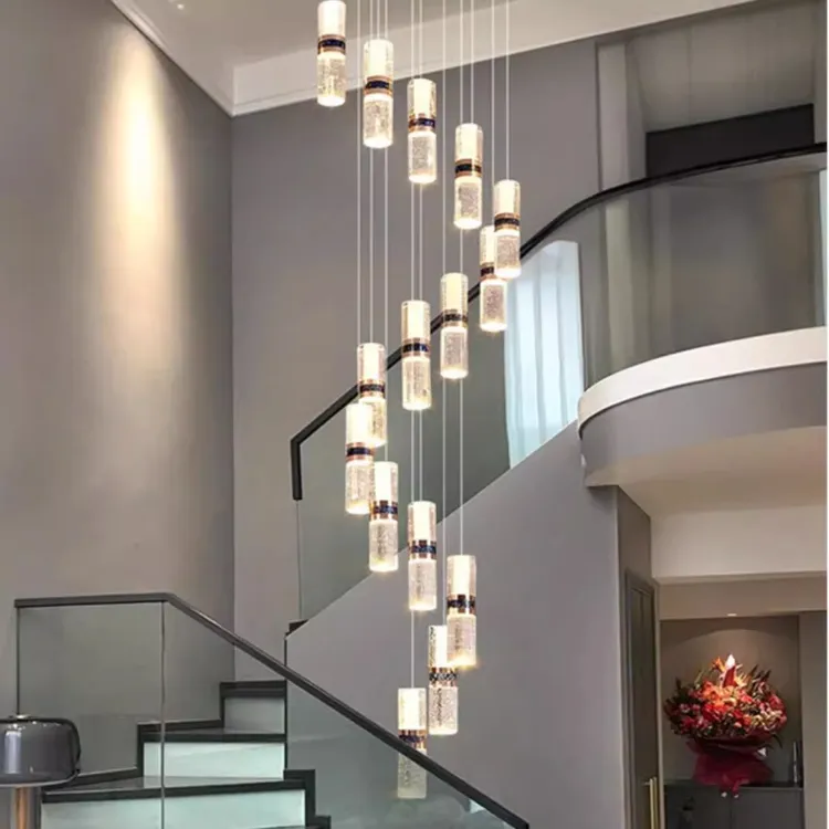 楼梯吊灯现代大气轻奢高档别墅复式楼中空挑高旋转水晶气泡吊灯