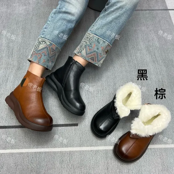 25902 纯皮厚底棉里简约舒适保暖百搭复古短靴