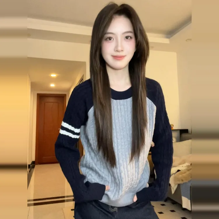 韩系撞色针织毛衣女秋冬季2025新款超好看可外穿内搭打底衫上衣