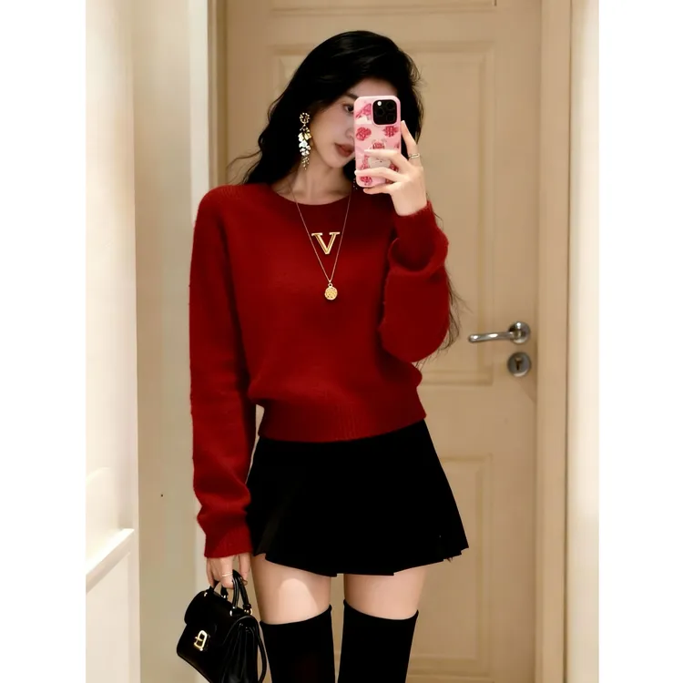 今年流行的时髦小众红色毛针织衫秋冬季新款宽松减龄时尚气质上衣