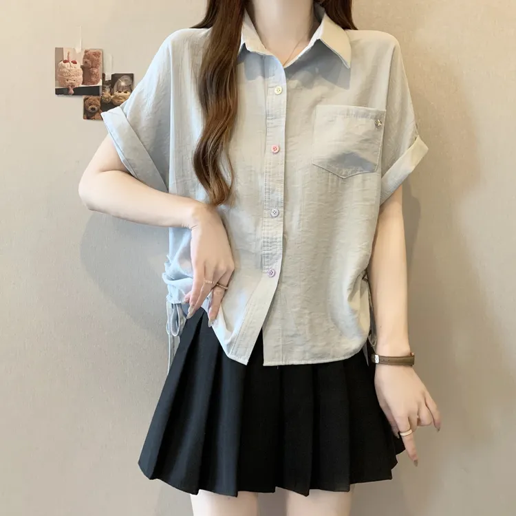 大码女装遮肚子POLO领抽绳短袖衬衫女2025夏季胖妹妹宽松短款上衣