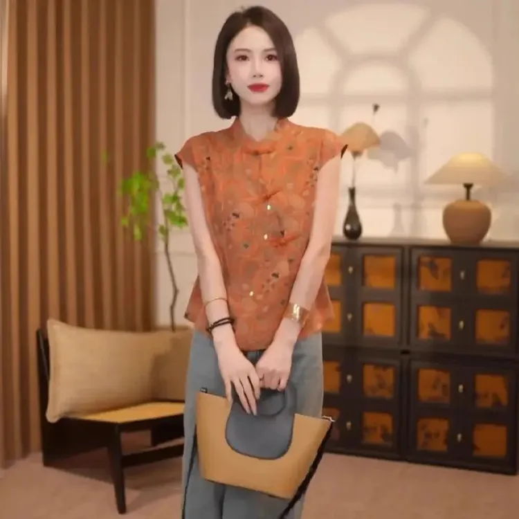 拉夏贝尔新中式国风衬衫女2025夏新款复古盘扣小个子斜襟无袖小衫