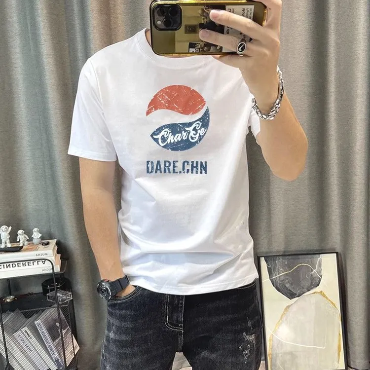 欧洲站潮流男士丝光棉短款T桖青年修身时尚印花透气半袖体恤衫男t