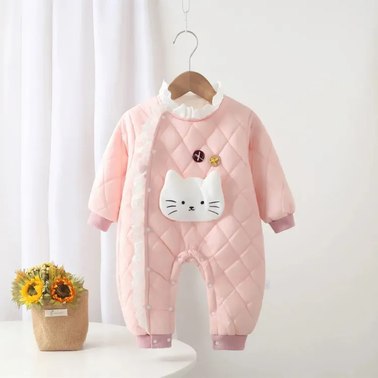 新款秋冬加绒加棉新生婴儿女宝可爱洋气保暖连体衣外出服棉服哈衣