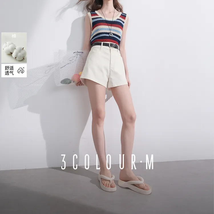 三彩2025夏季新款休闲白色牛仔裤短裤收腰直筒裤显瘦热裤时尚女M