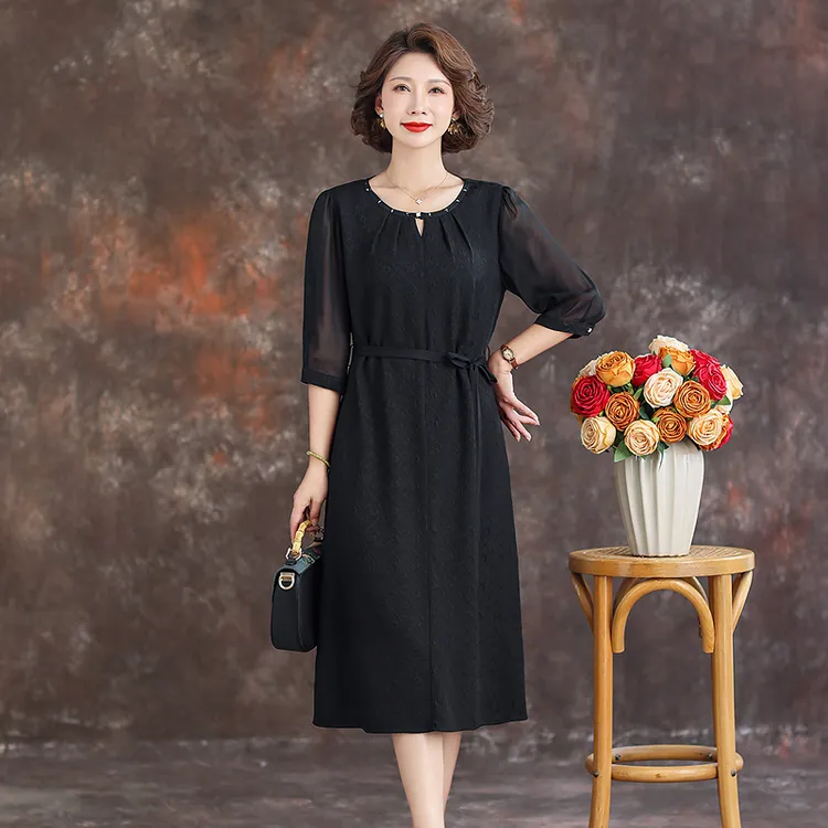 杭州名牌真丝连衣裙女2025夏季新款五分网纱袖小个子妈妈桑蚕丝裙