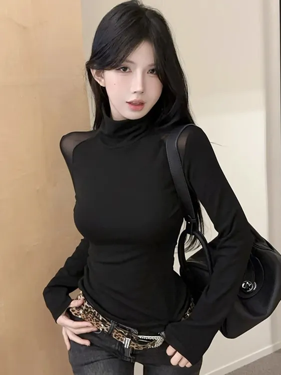2025新款秋冬辣妹黑色高领打底衫女长袖t恤外穿内搭网纱修身上衣