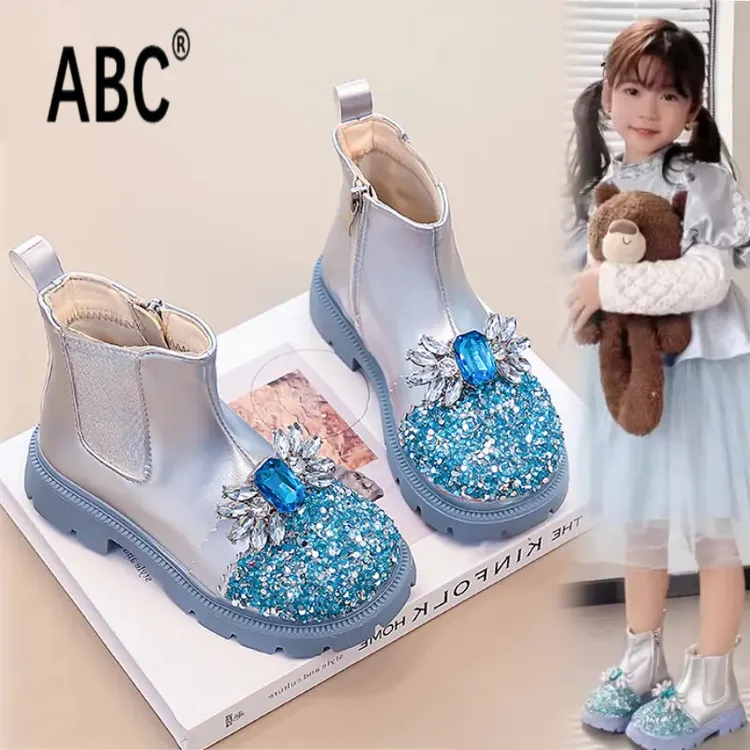 ABC女童靴子爱莎公主水晶靴2025秋冬新款小女孩闪亮宝宝加绒短靴