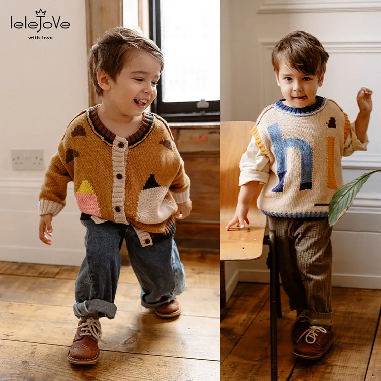 lelejove北欧风25年秋季儿童针织开衫男女宝撞色提花针织4AT3B677
