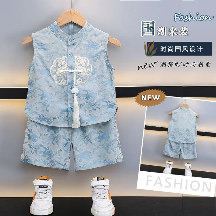 宝宝国风套装夏款男童新中式儿童汉服新款男宝薄款无袖古风唐装潮