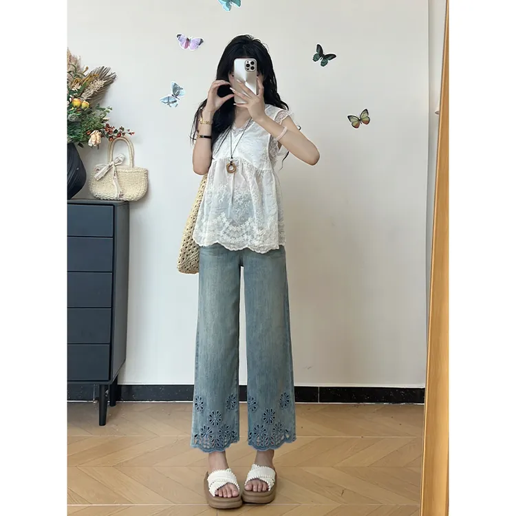 乔栈爆款莱赛尔天丝浅蓝镂空刺绣小个子阔腿软牛仔夏季凉感九分裤