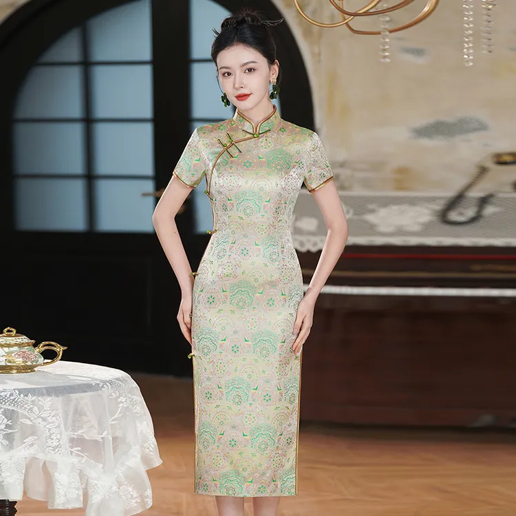 宋锦旗袍妈妈喜服婚宴贵气真丝桑蚕丝高端夏季喜婆婆礼服平时可穿