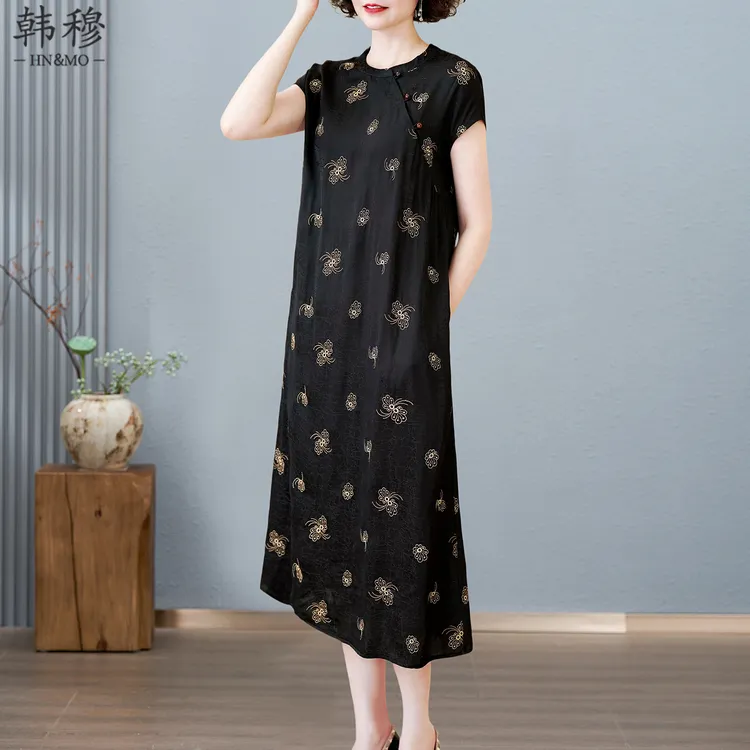 韩穆妈妈黑色气质人丝刺绣连衣裙女2025夏季新款大码中式旗袍裙子