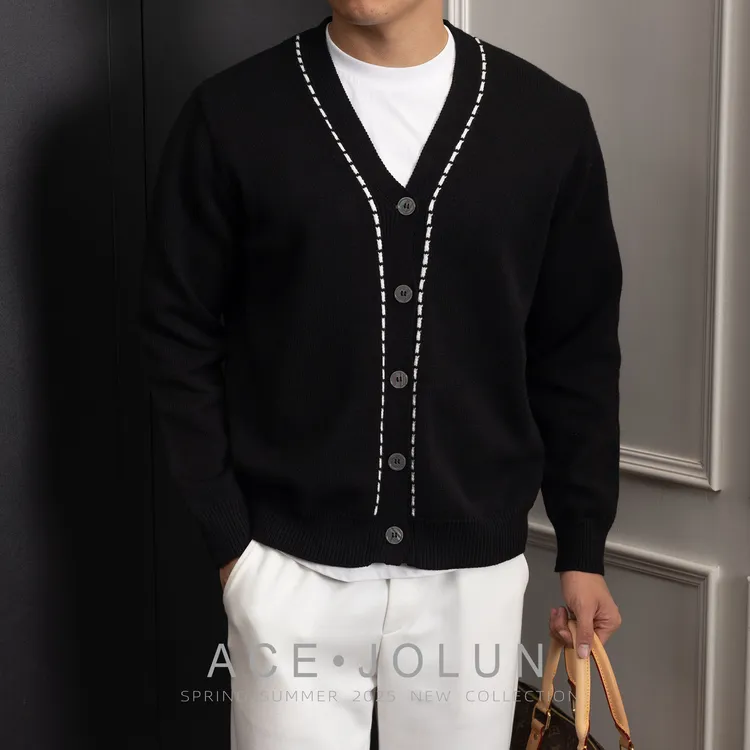 【复古虚线】老钱风针织毛衣开衫男士冬季重工圆领纽扣厚外套上衣