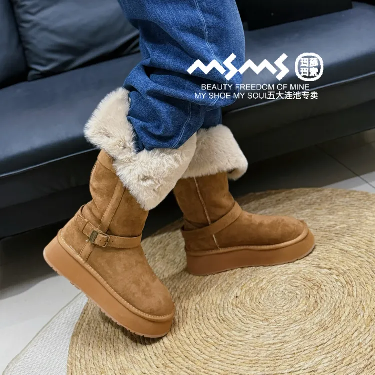 玛莎玛索177-27大棉厚底翻折两穿时尚长筒雪地靴厚底百搭保暖