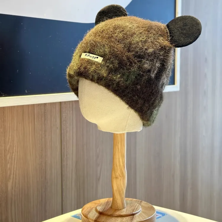 可爱圆耳朵针织帽子女秋冬保暖百搭显脸小可爱拼色毛线帽2025新款