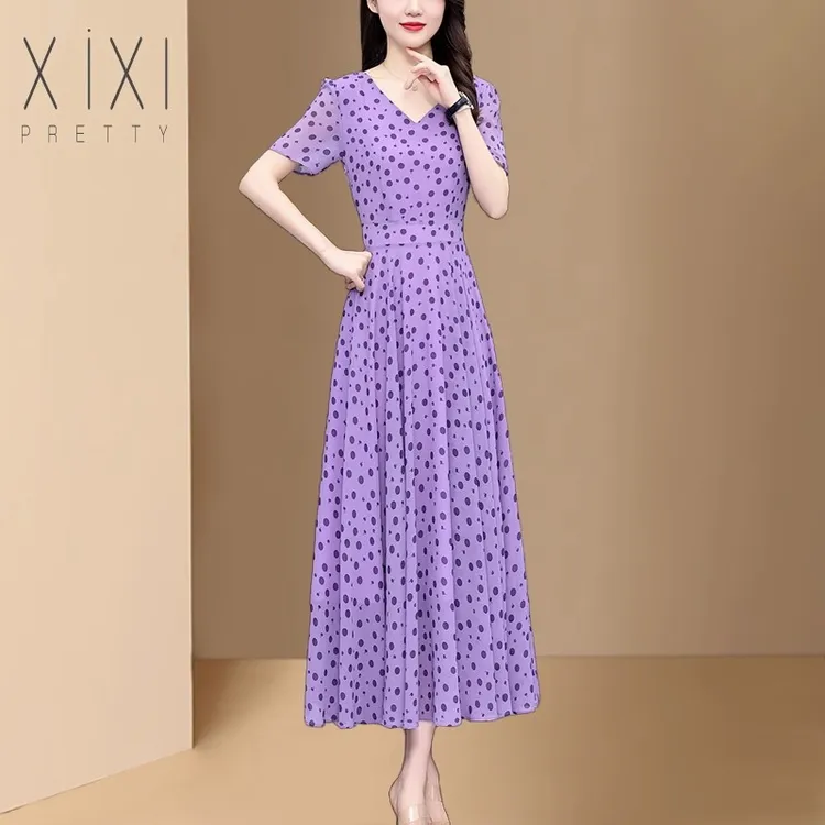 2025夏季新款大牌紫罗兰气质妈妈连衣裙贵夫人洋气雪纺碎花遮肚裙
