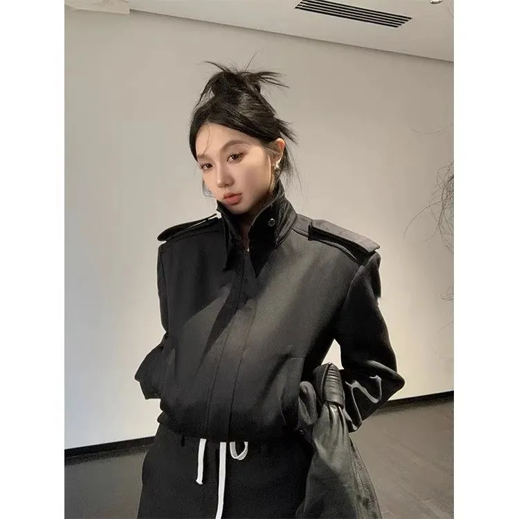 黑色立领阔肩外套女春秋新款个性纯色复古短款休闲百搭夹克上衣潮