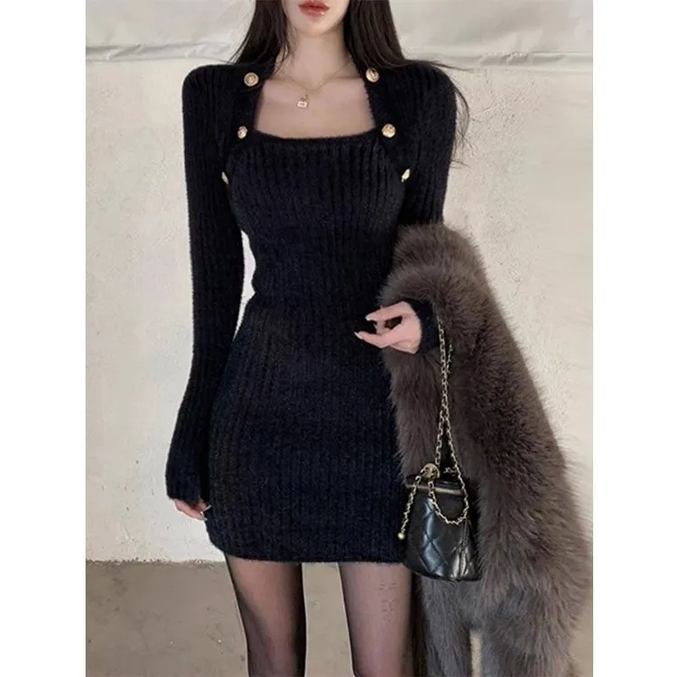 黑色针织连衣裙女秋冬季新款内搭打底毛衣裙修身性感包臀裙子