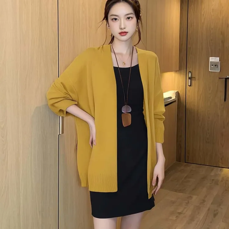 休闲慵懒风薄款针织百搭时尚长袖开衫2025早秋素纯色通勤开衫上衣