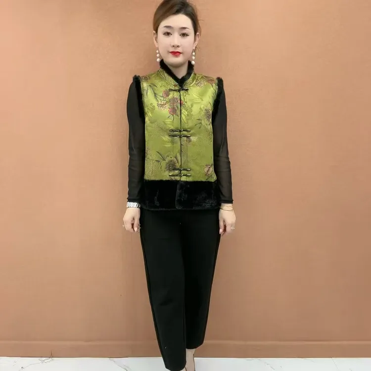 百搭休闲风中老年女装网红修身型印花刺绣马甲秋冬气质时尚复古
