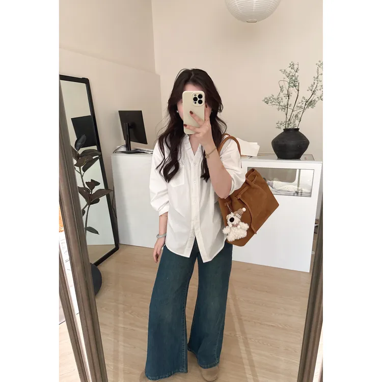 韩版休闲时尚翻领白色收腰独特设计感别致衬衫女新款衬衣5808