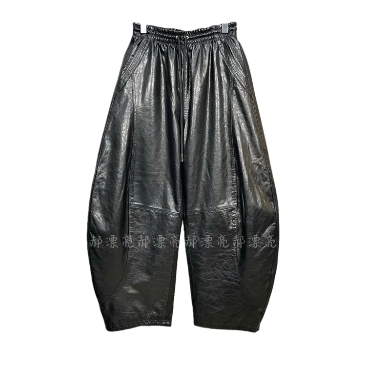新款女真皮高腰弯刀裤九分哈伦皮裤休闲百搭时尚宽松阔腿裤洋气女