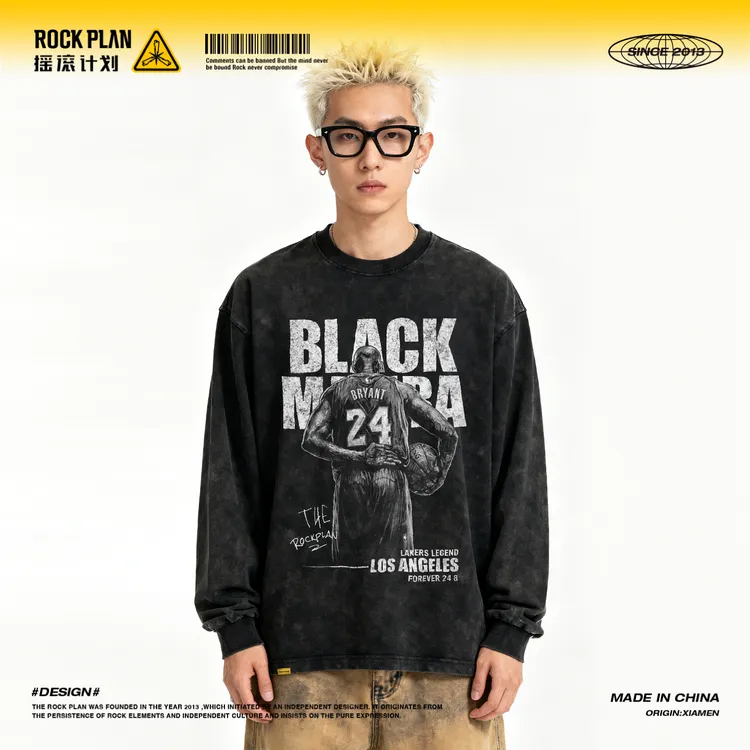摇滚计划科比复古美式嘻哈宽松运动做旧男女同款纯棉国潮长袖T恤