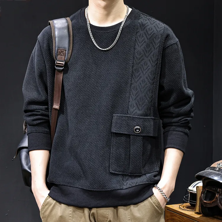 MR.MUDI/穆迪先生提花拼布口袋卫衣男士2025秋季新款潮牌宽松大码