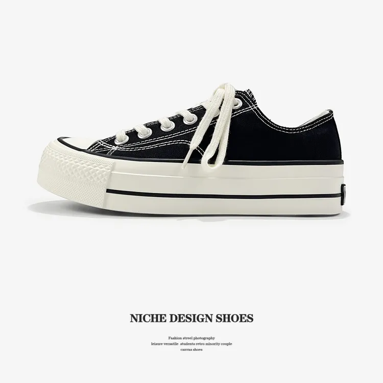 日系冈山厚底增高黑色百搭帆布鞋女休闲鞋休闲增高运动鞋女