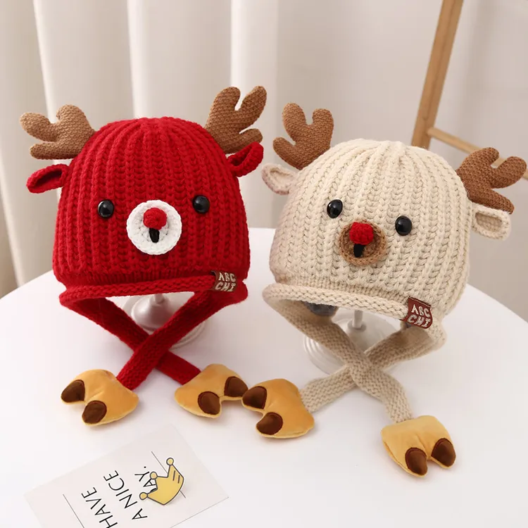 宝宝帽子冬季可爱小鹿加绒护耳帽男女童针织帽秋冬加厚保暖毛线帽