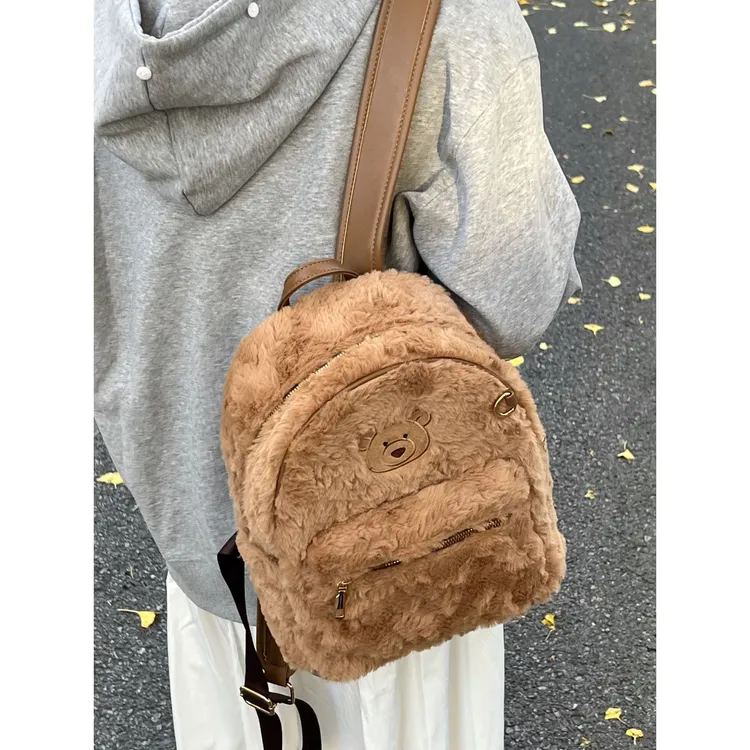 COOLE2025新款可爱毛绒小熊书包日常秋冬复古休闲小众双肩包