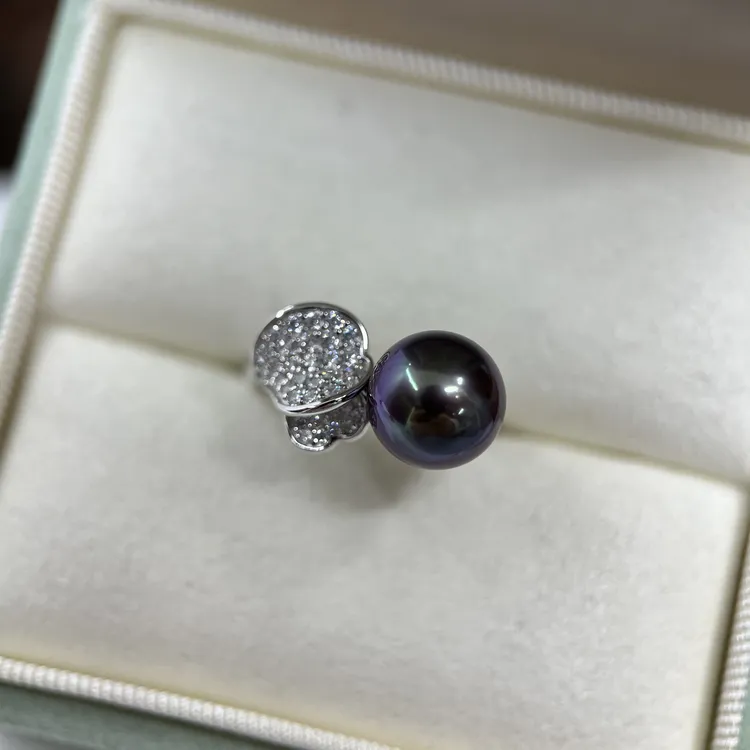 淡水珍珠戒指 蓝莓色 正圆物价镜面光