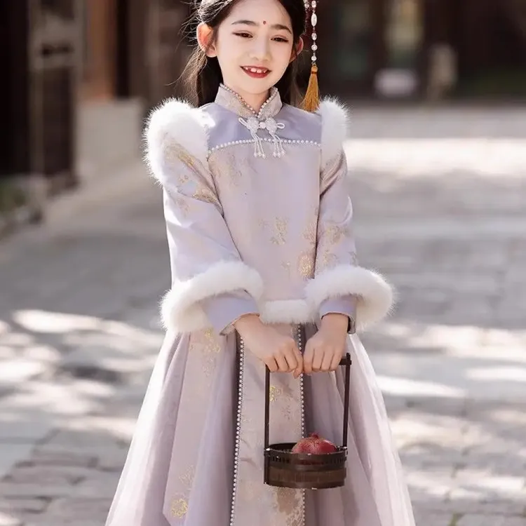 汉服秋冬女童新年儿童古装中国过年超仙冬季唐装新款加厚套装拜年