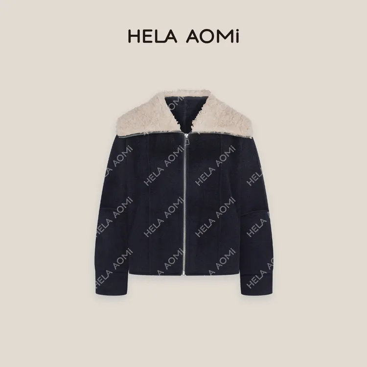 HELA AOMI“100%绵羊毛 原单线.藏青密蕴”小个子极简拉链毛呢外套